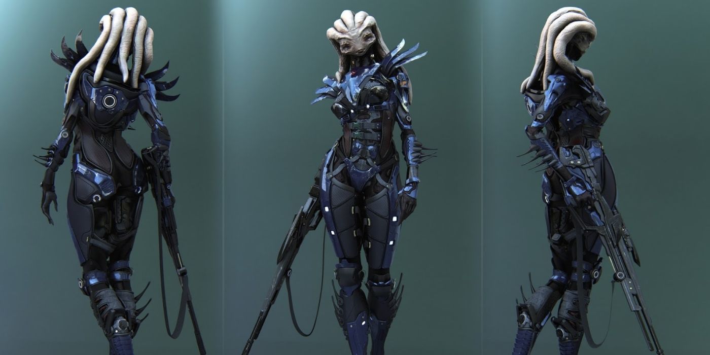 Mass Effect - Fan Concept Art of the Oravores, woman wearing blue armour with tentacles on head