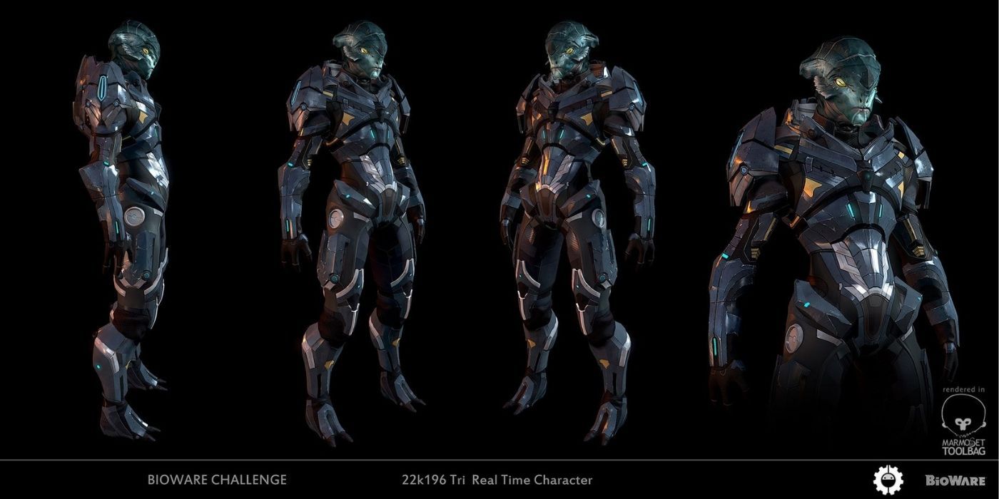 Mass Effect - Fan Concept Art of the Thoi'han - Blue Male With Fins On Head Wearing Blue Armour