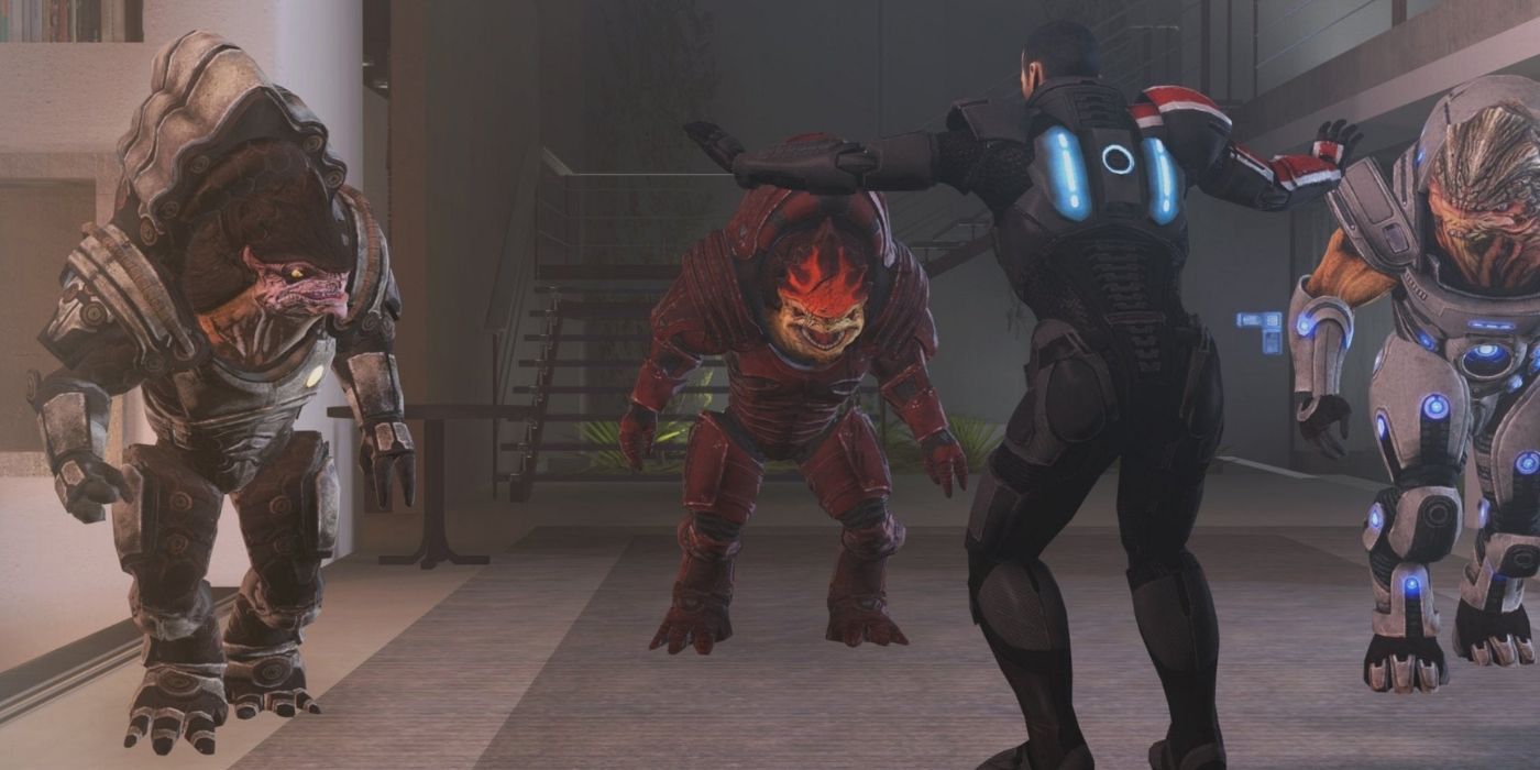 Mass Effect Gameplay Screenshot of Male Shepard With Wrex And Two Other Krogans Who Angry At Him
