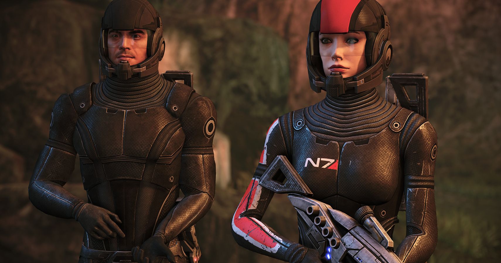 Mass Effect Legendary Edition Image Of Shepard and Kaidan Standing Side By Side, Bug Causing Kaidan's Gun To Disapear