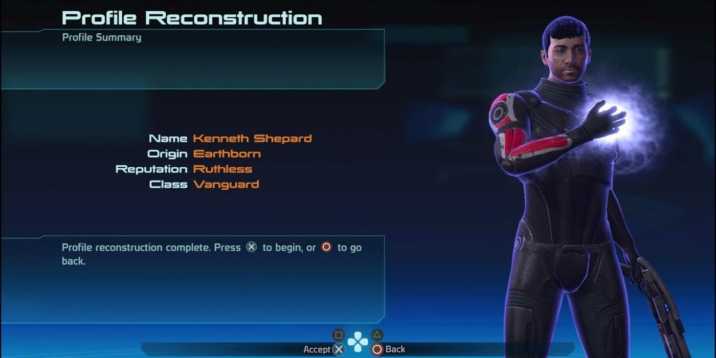 Mass Effect Legendary Edition Profile Reconstruction Menu, Text on the Left, Male Shepard on the Right
