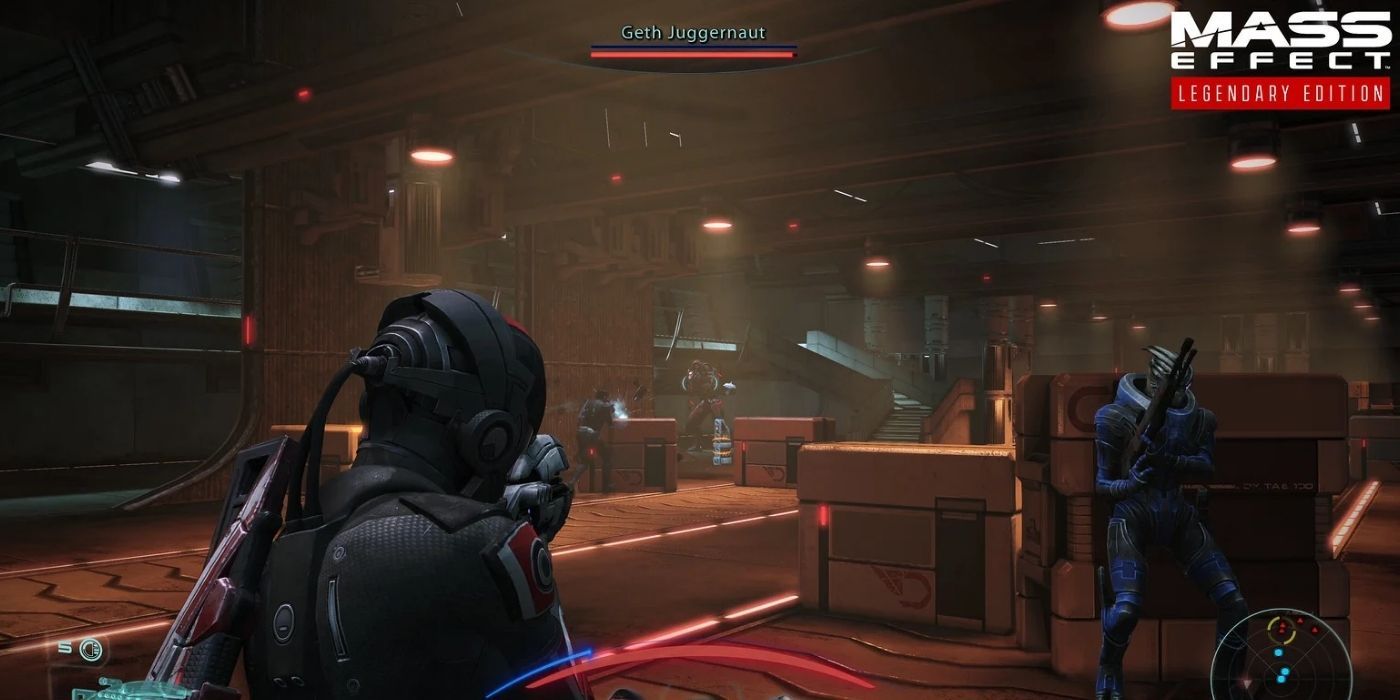 Mass Effect Legendary Edition Shepard Pointing Gun At Geth Juggernaut