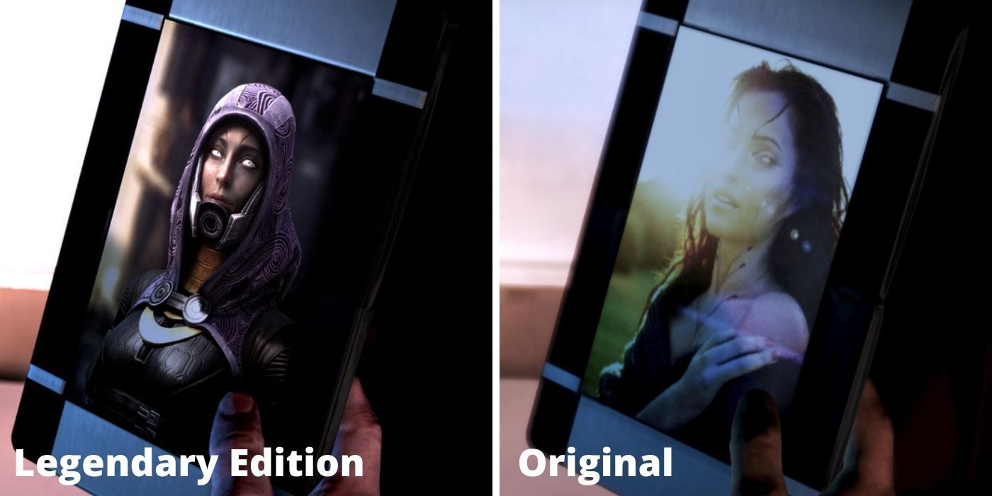 Mass Effect Legendary Edition Split Image, Tali's Face Comparison, Original Photo On Right, Updated Photo On Left