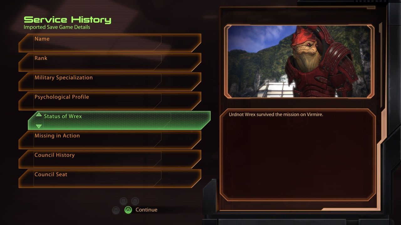 Mass Effect Legendary Edition - menu showing you your service history after you import a character.