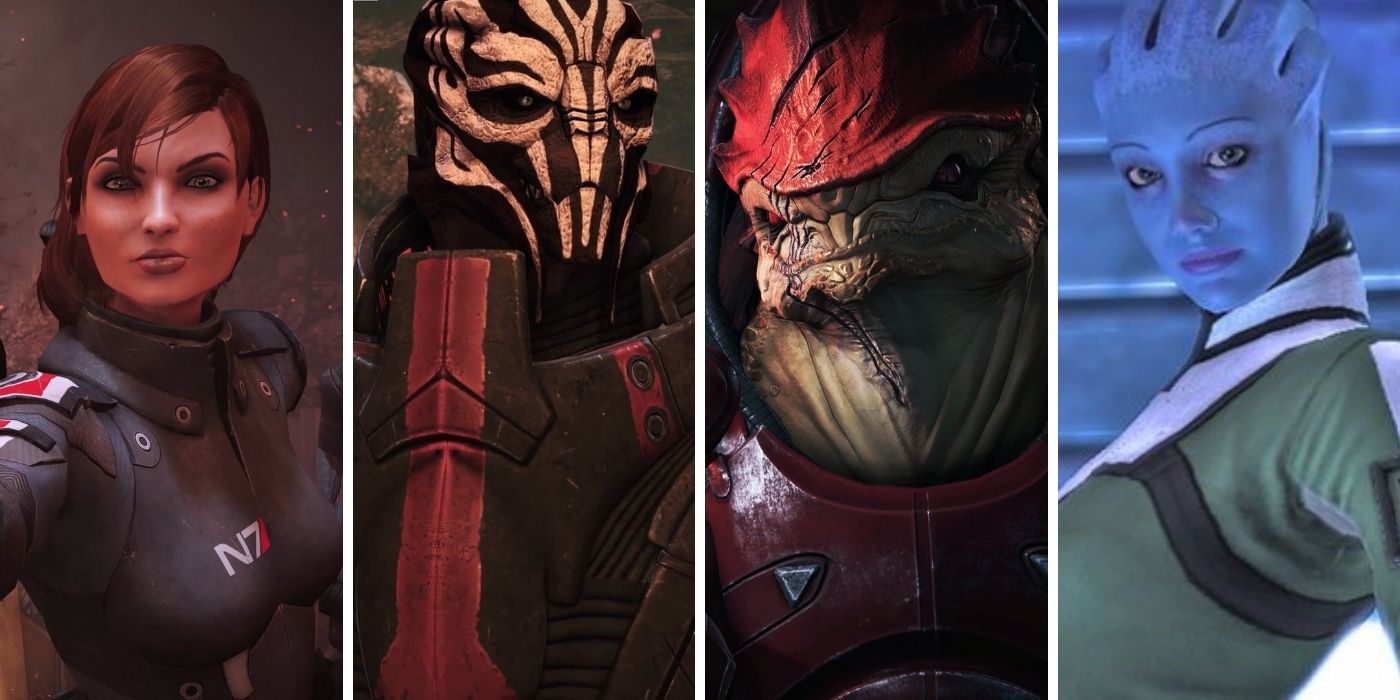 Split Image of races from mass effect - left to right, human, turian, krogan, asari