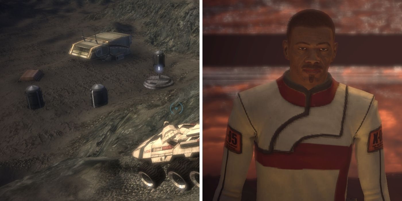 Mass Effect Split Image - A space station on a planet being approached by the Mako on left, Image of Major Kyle from the waist up on right