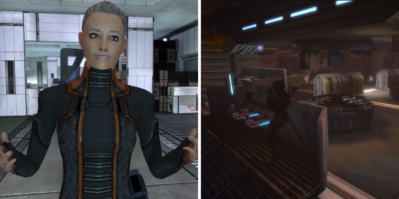 Mass Effect Split Image - An image of Helena Blake from the waist up on the left, and a member of a crime syndicate waiting to attack behind cover on the right