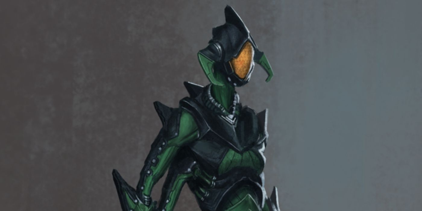 Mass Effect - Virtual Alien in a robot body fanart - orange mask and greenblack armour