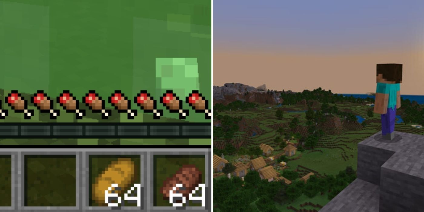Minecraft: A 64 stack of bread and a 64 stack of steak - A player onlooking a Village