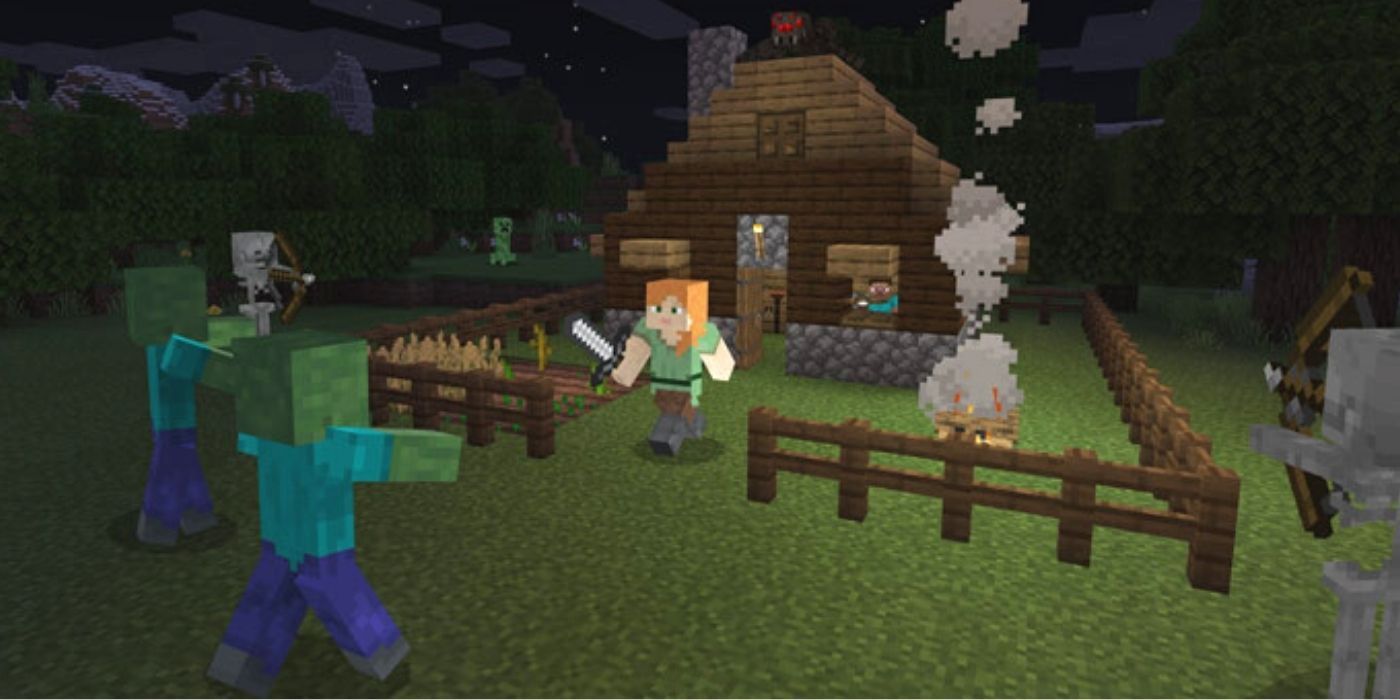 Minecraft: A player defending their home from a group of monsters