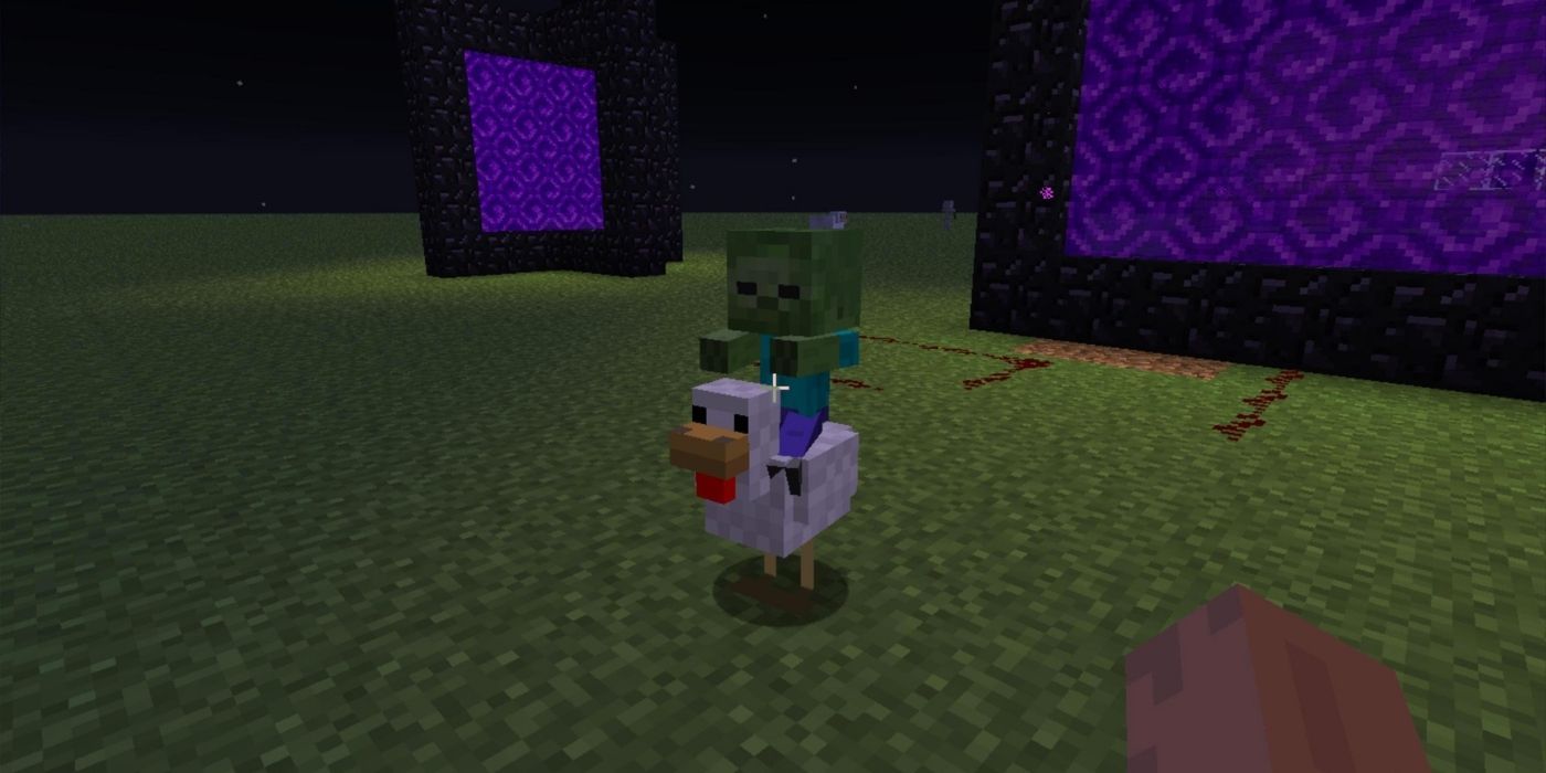 Minecraft Chicken Jockey Near Several Nether Portals On An Open Plain
