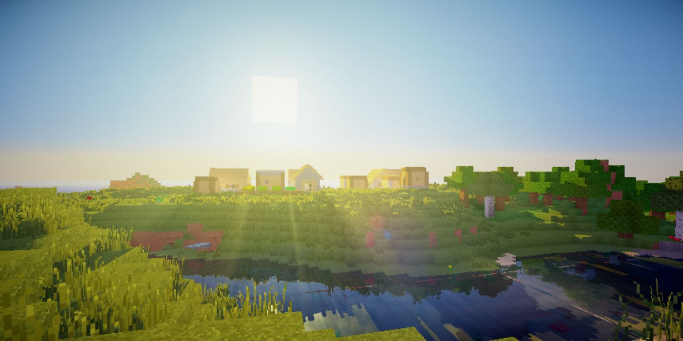 Minecraft Daytime over plains biome with shaders