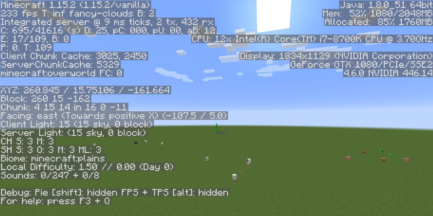 Minecraft Debug screen information in a superflat creative world