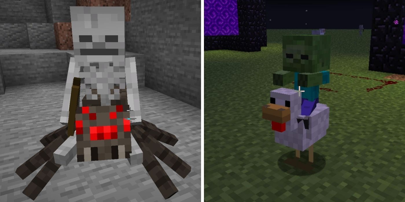 Split Image of Minecraft - Spider Jockey on left, Chicken Jockey on right
