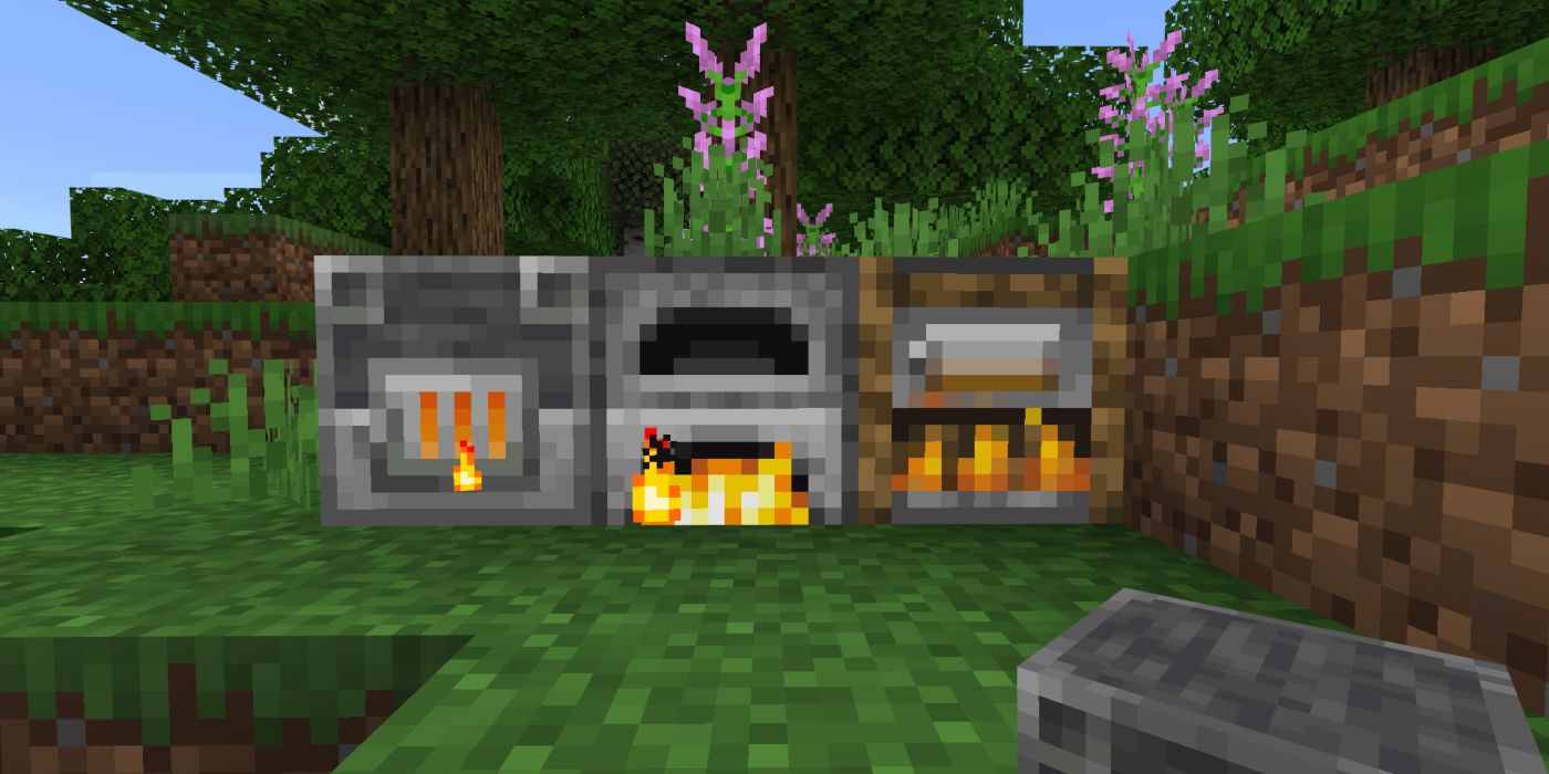 Minecraft Screenshot Of a Furnace, Blast Furnace and a Smoker