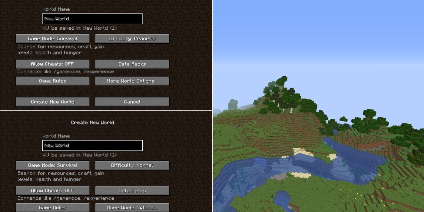 Minecraft: The peaceful and normal difficulty settings menu - A scenic shot of a river in minecraft