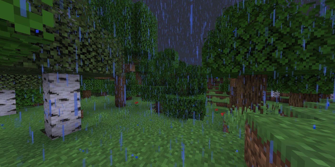 Minecraft Rainy weather at night in a forest