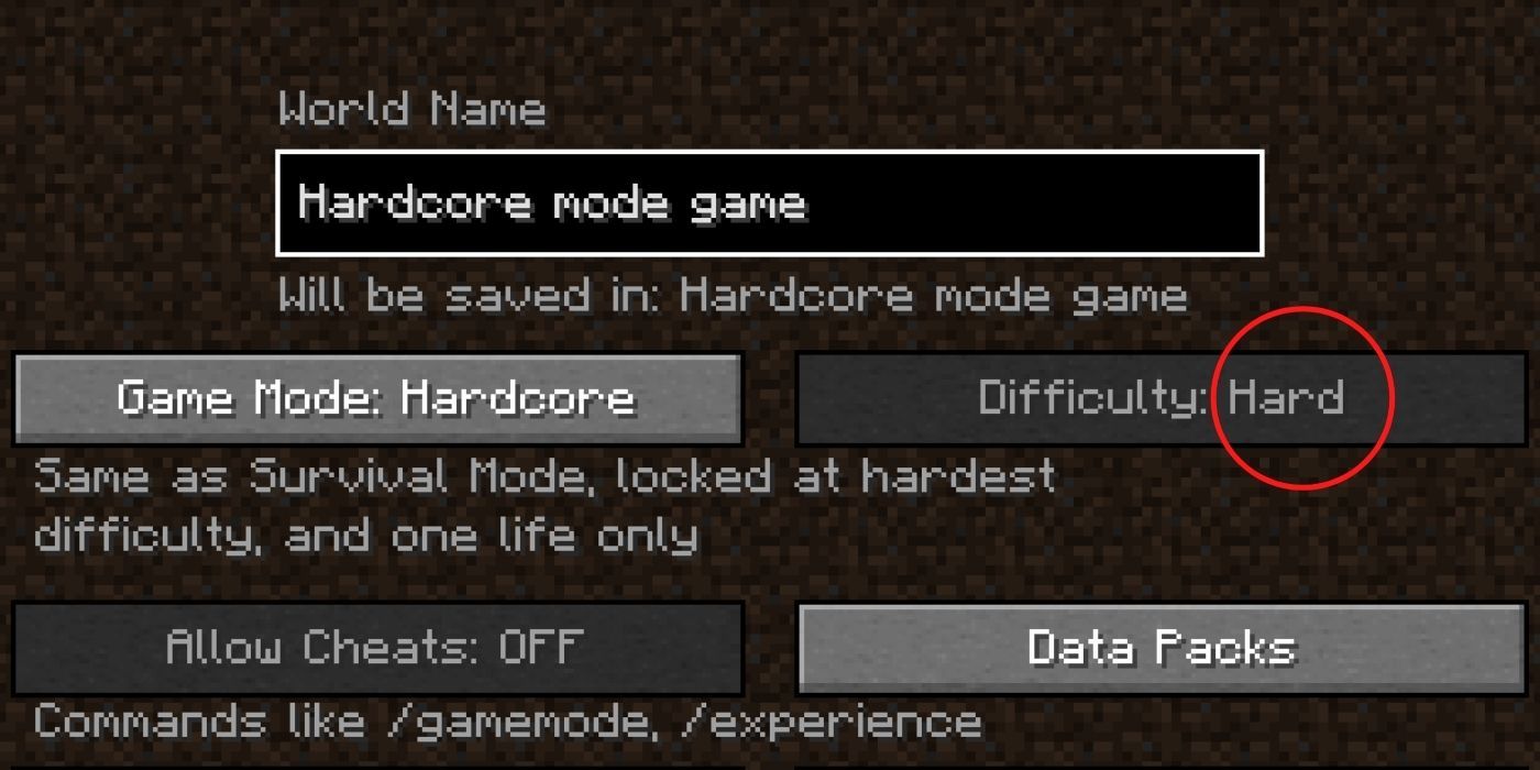 Minecraft: Hardcore mode world creation screen with the difficulty toggle greyed out on hard mode