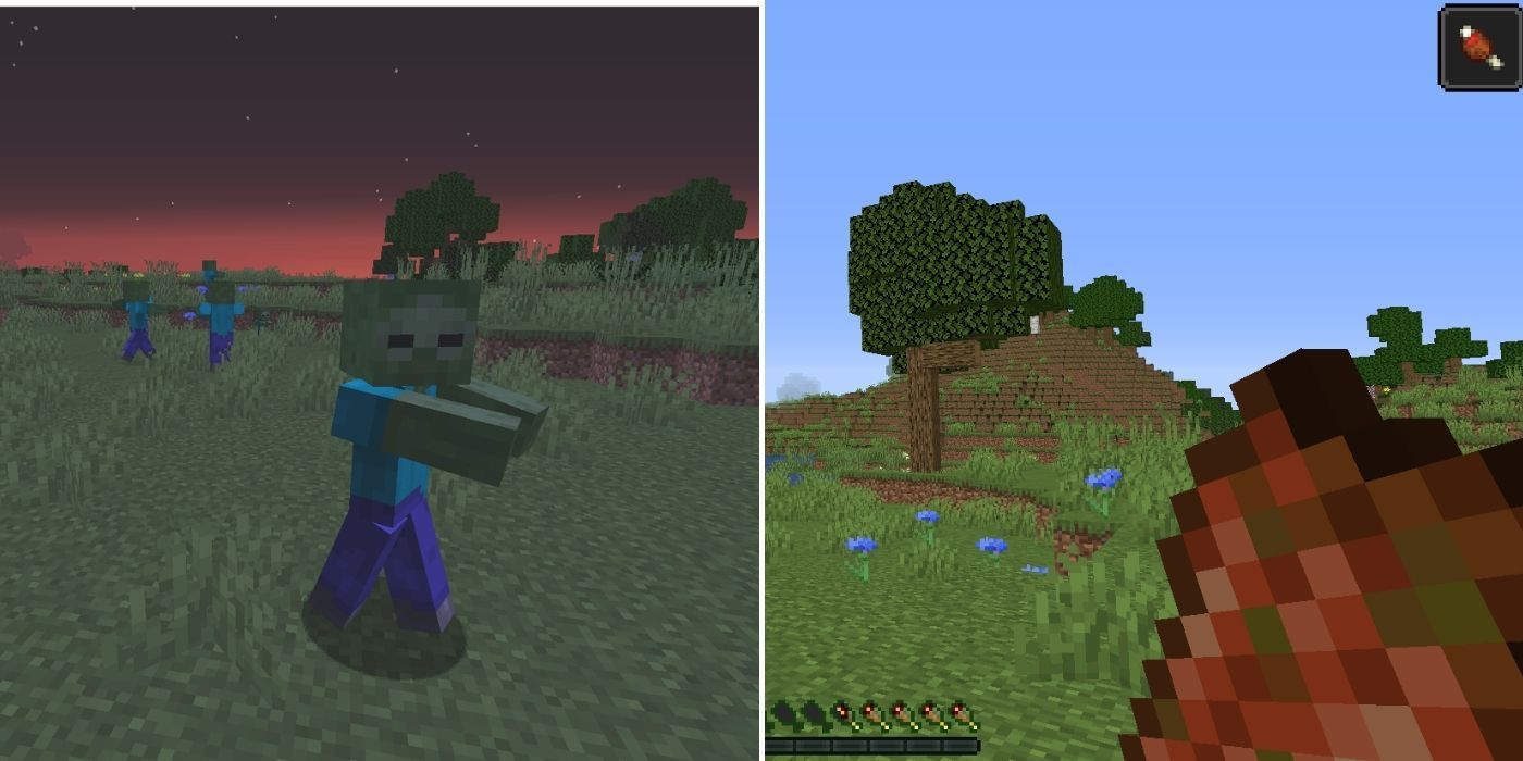 Minecraft: A group of Zombies at night - A player eating rotten flesh and suffering from Hunger