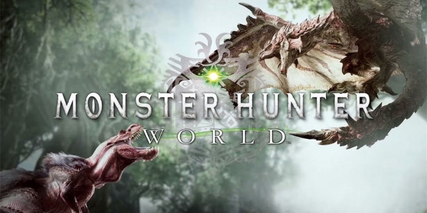 Monster Hunter World Title Card - Title In Front Of Two Fighting Monsters