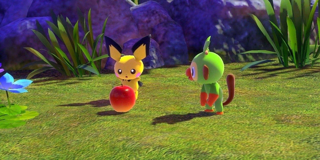 Fluffruit at the feet of Pichu in New Pokemon Snap