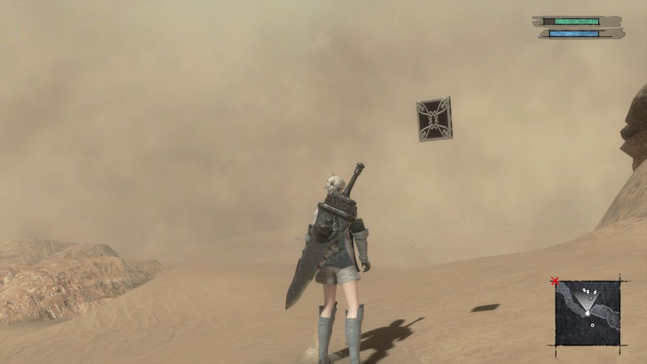 Nier Replicant facing the sandstorm in the desert