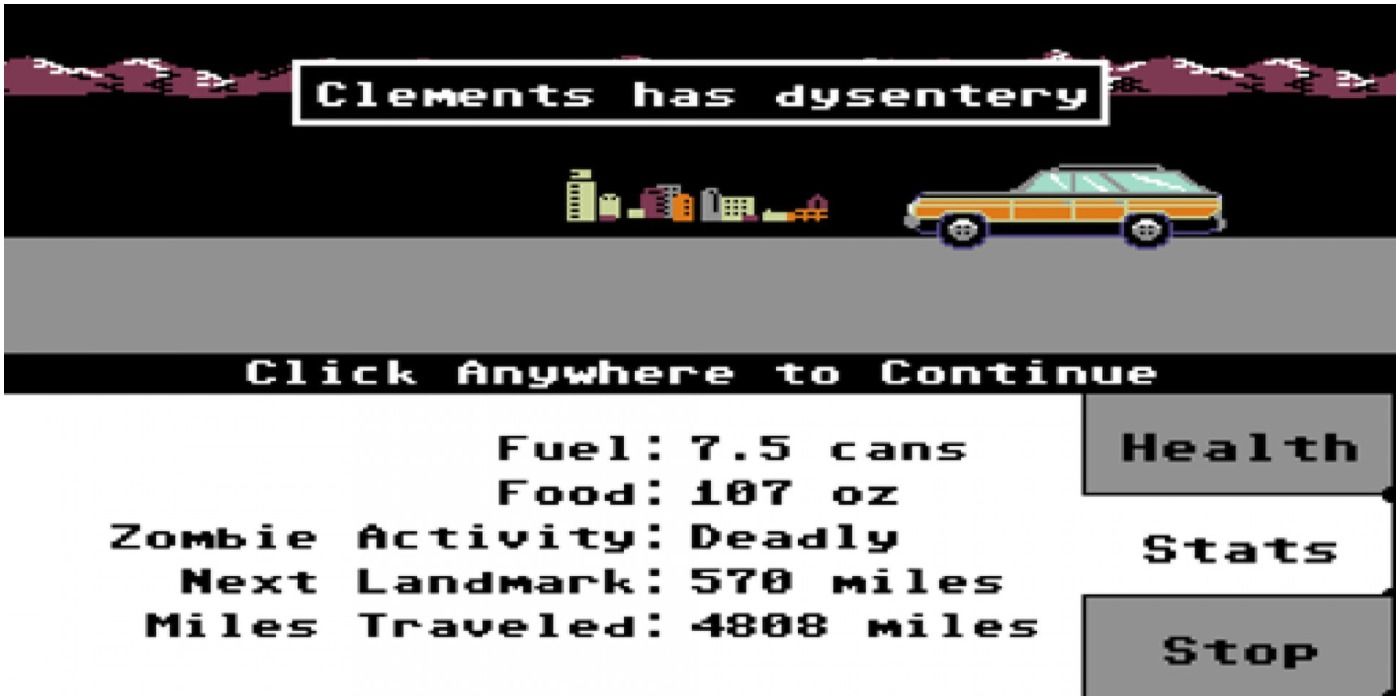 Organ Trail screen showing someone getting dysentery