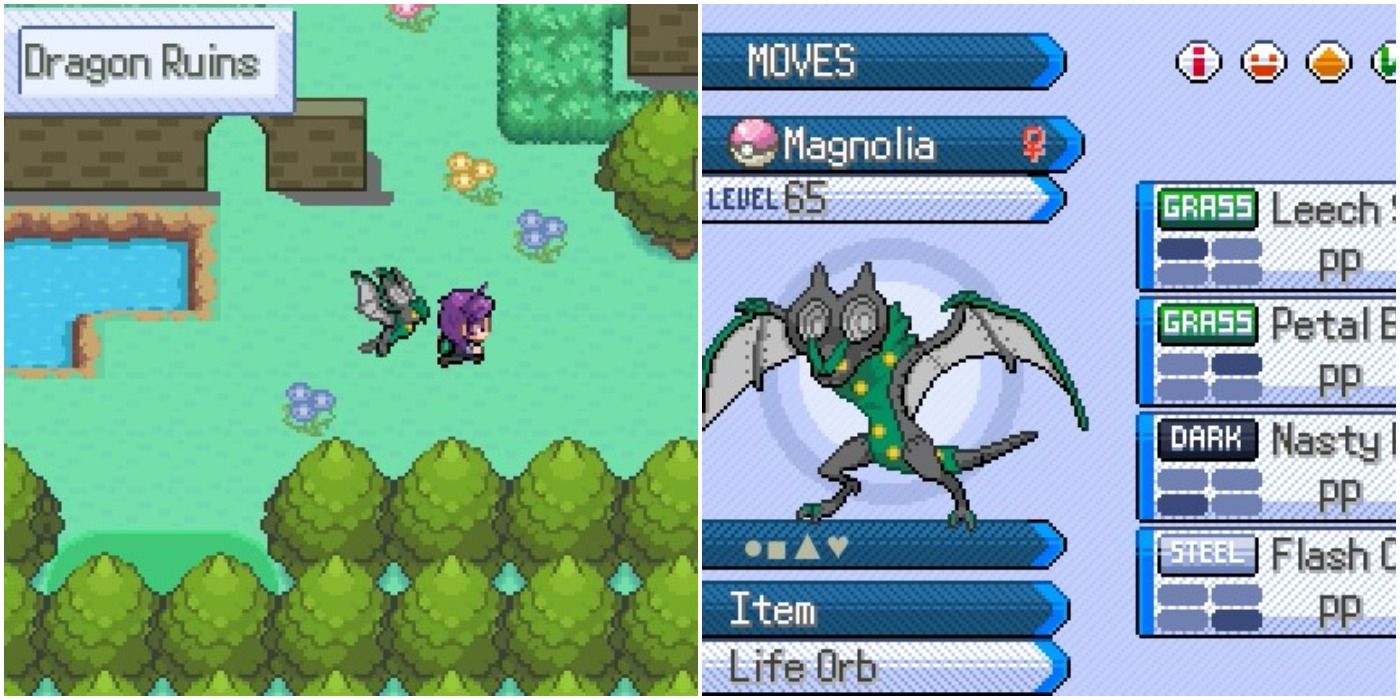 Pokémon Insurgence Split image of a Noivern's stat screen and the player running through Dragon Ruins