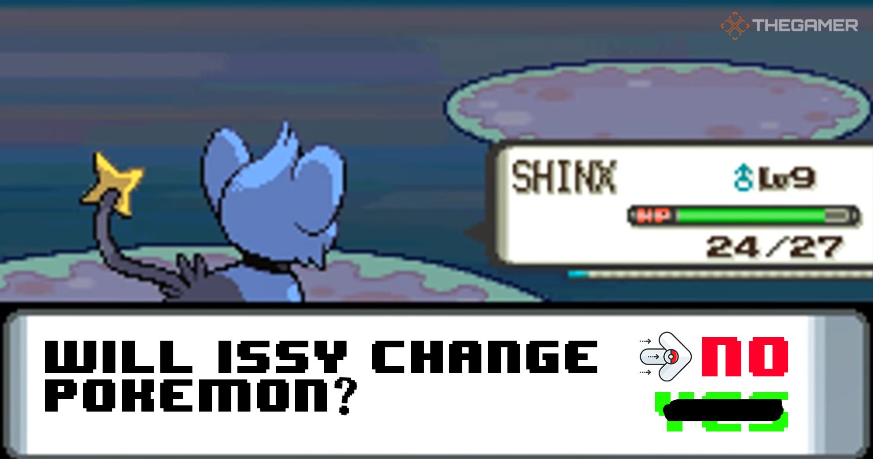 a shinx that has just defeated an opposing pokemon. the option to switch appears but the shinx stays in