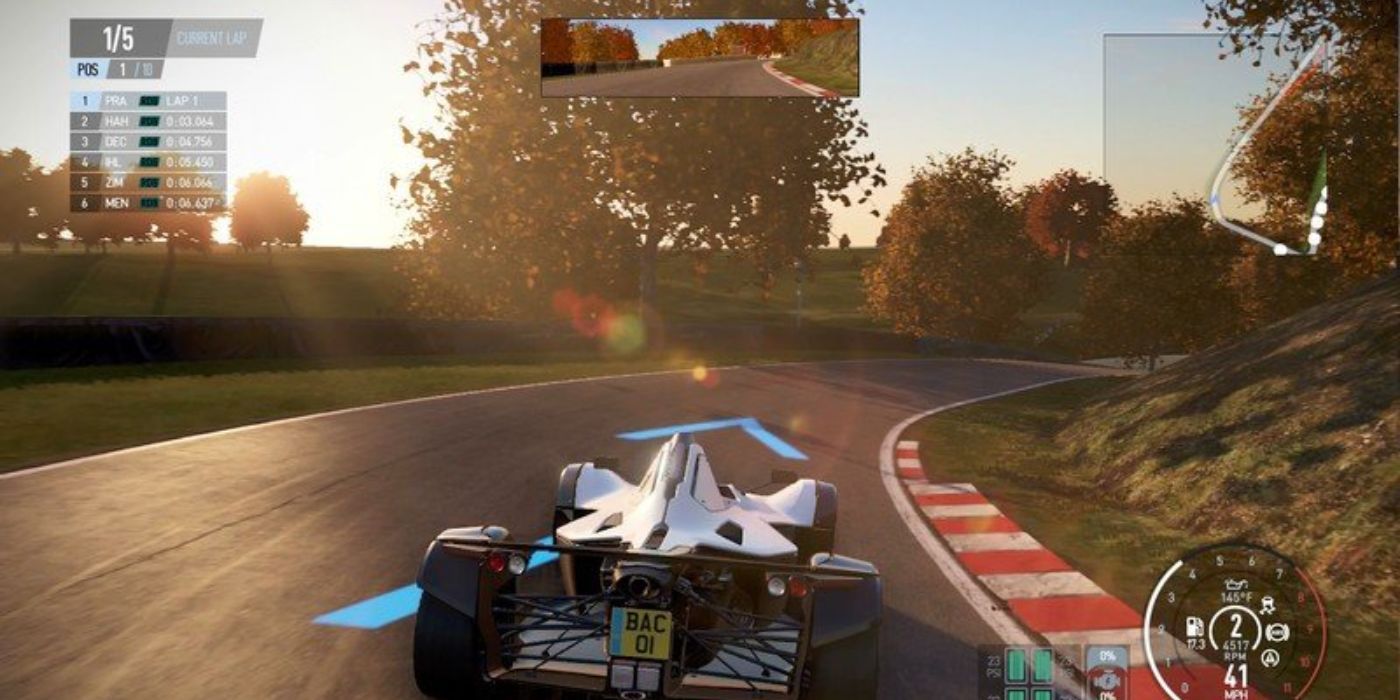 Formula 1 cars drive the track at dusk in Project Cars 2