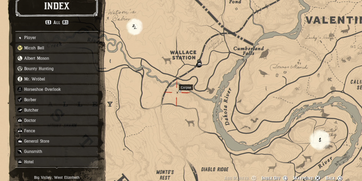 The map location of the second corpse in the American Dreams stranger mission