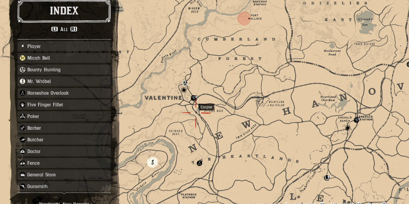 The map location of the first corpse in the American Dreams questline
