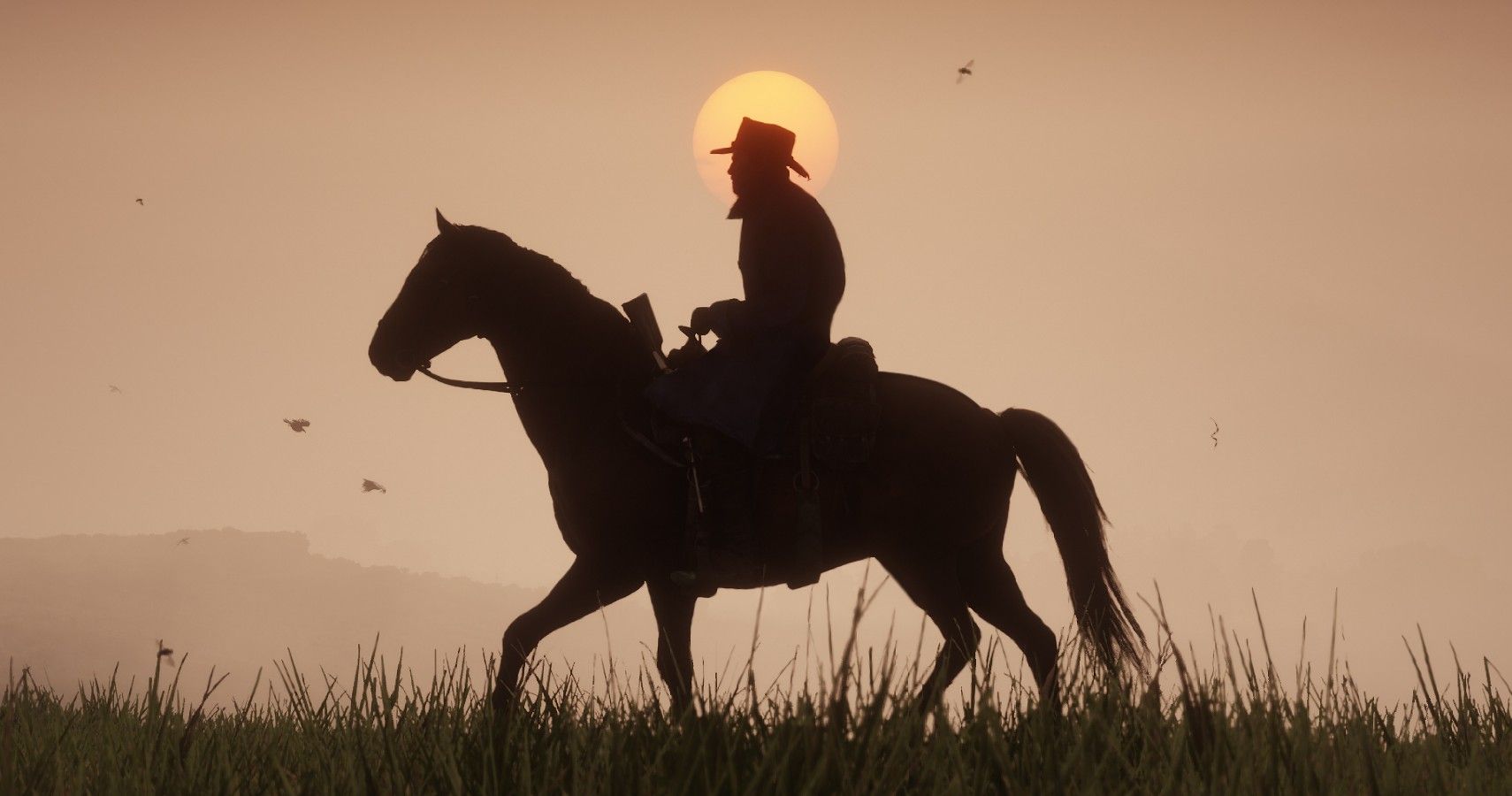 Cowboy on a horse in RDR 2 in the countryside
