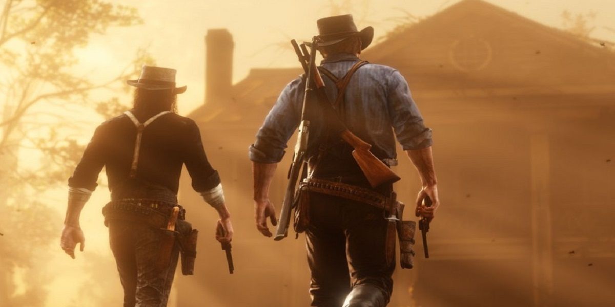Red Dead Redemption 2 Arthur and John walking in front of a house