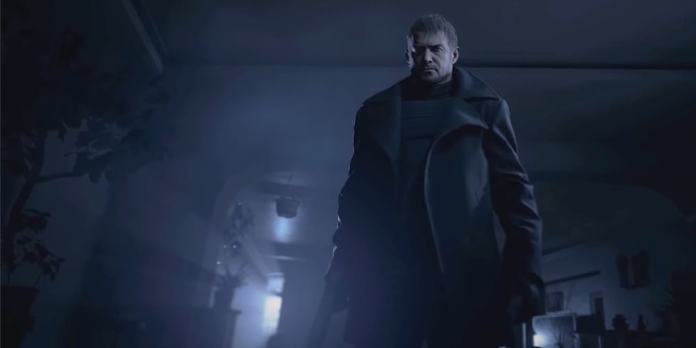 A screenshot of Chris Redfield standing in Ethan's home, as seen in the Resident Evil 8 teasers and trailers.