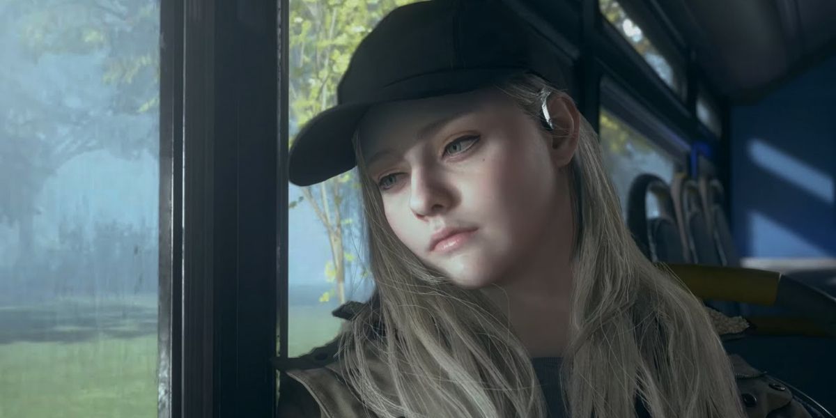 A screenshot of Rose, riding a bus to Ethan's grave.