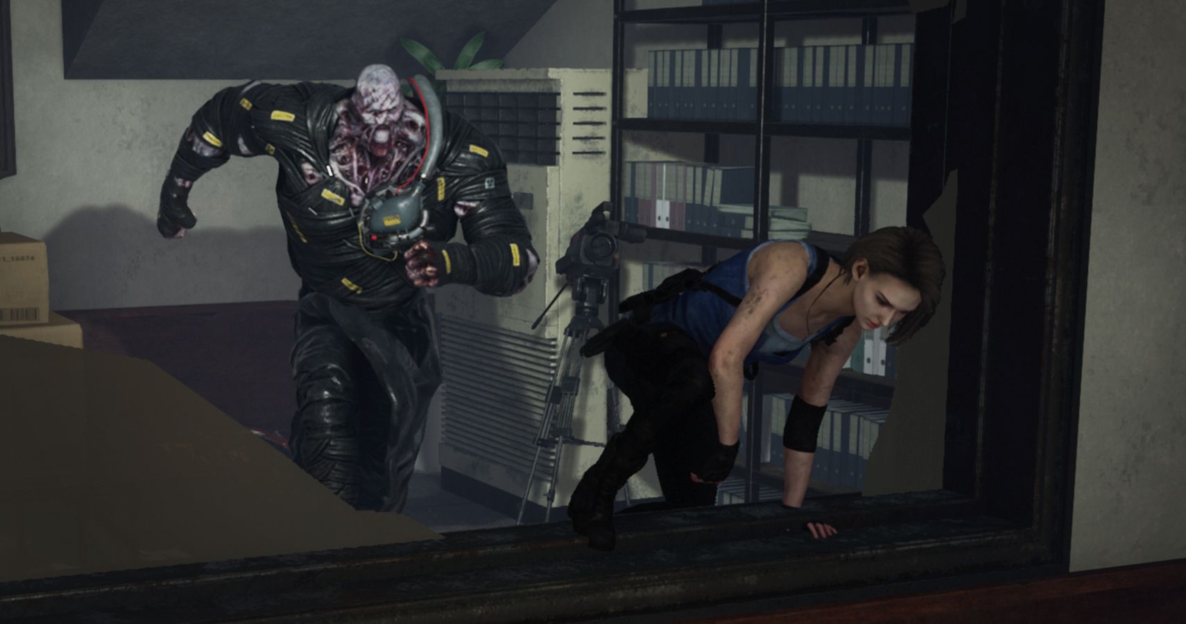 Nemesis chasing Jill through a window in Dead By Daylight