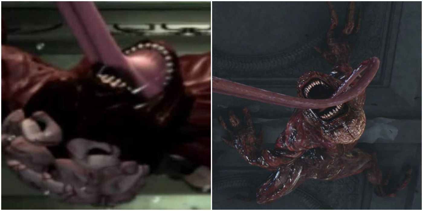 side by side comparison of the first appearances of the Lickers in Resident Evil 2 and Resident Evil Damnation