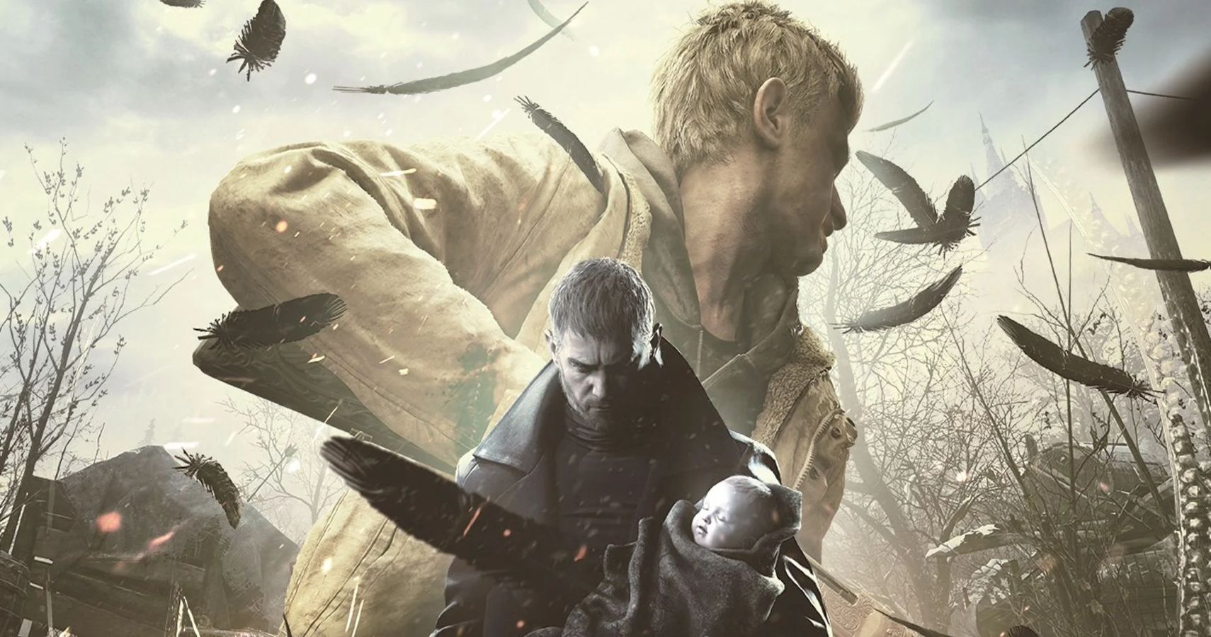 Chris Redfield stands in front, holding a baby. He is wearing a trenchcoat. Ethan is in the background with his head turned away from the viewer. Feathers fall from the sky.