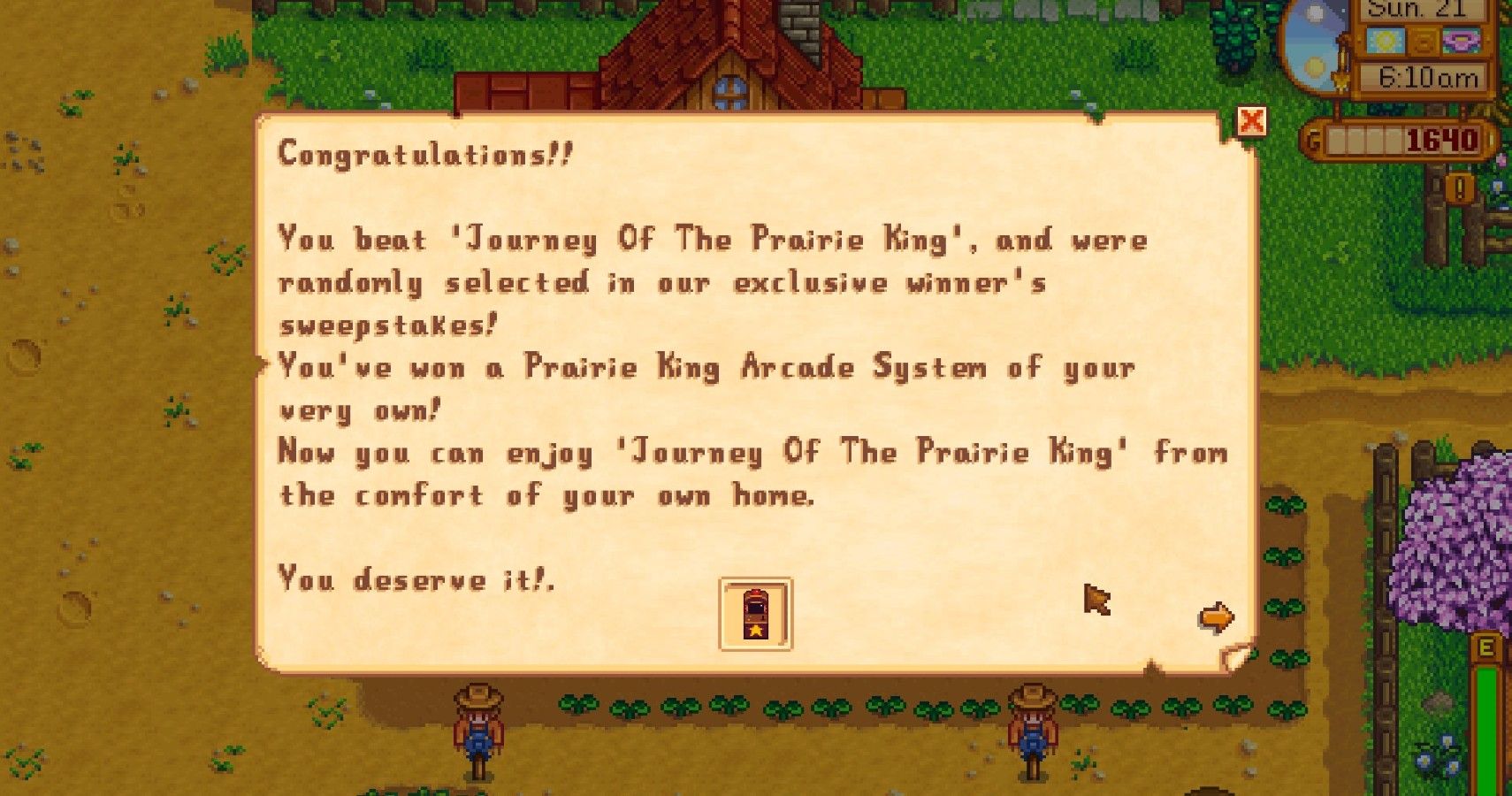 reward for beating Journey Of The Prairie King minigame in Stardew Valley