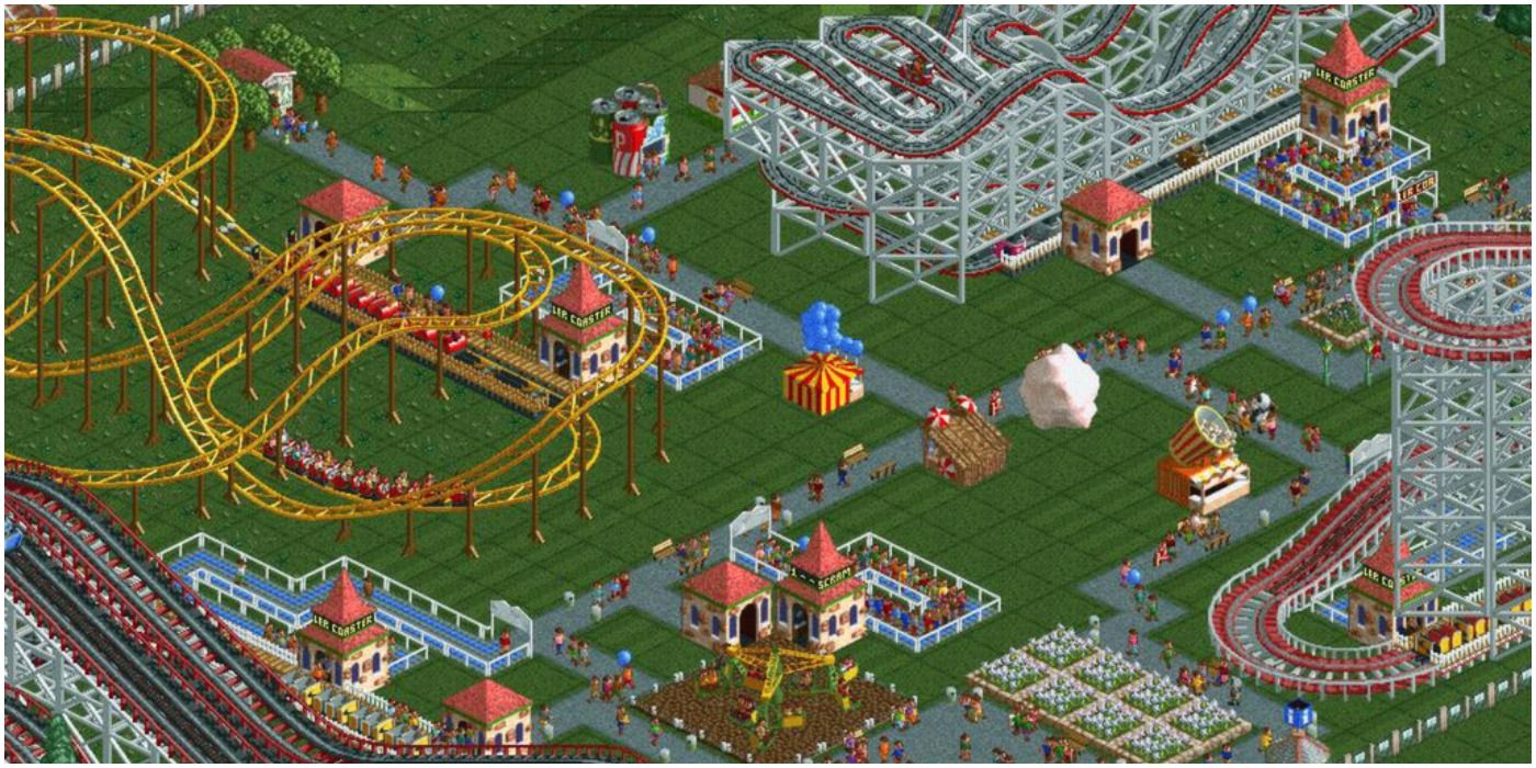 Roller Coaster Tycoon theme park with rides and roller coasters
