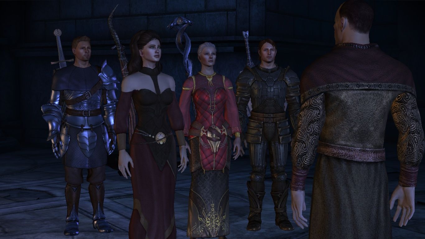 Five characters, all in fantasy gear, stand in a medieval looking castle. They all have weapons.