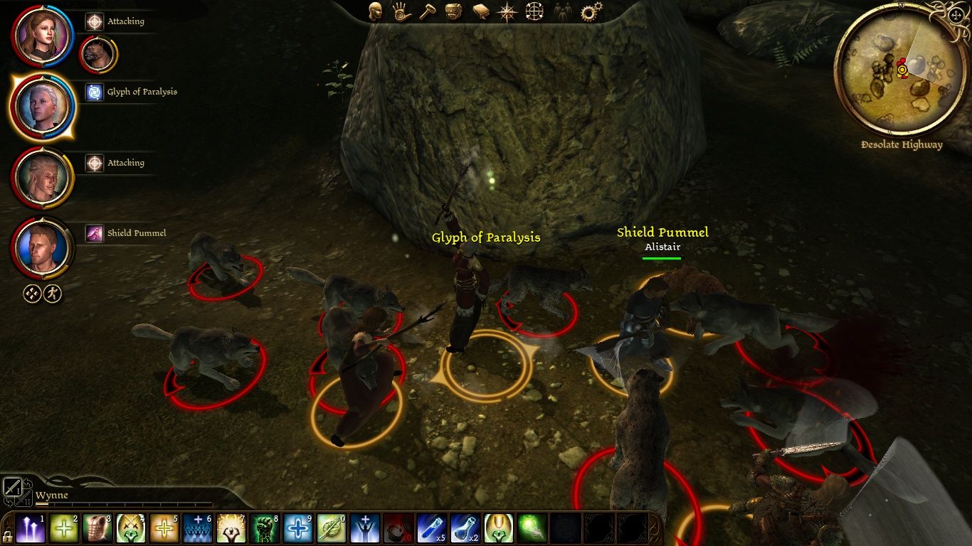 A battle from Dragon Age: Origins. The player is surrounded by enemies in a dungeon.