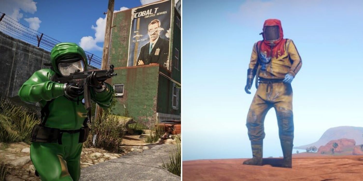 Rust: A player exploring a town in a hazmat suit - Player in a hazmat suit