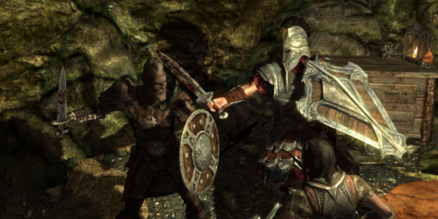 Skyrim combat with a shield against multiple enemies