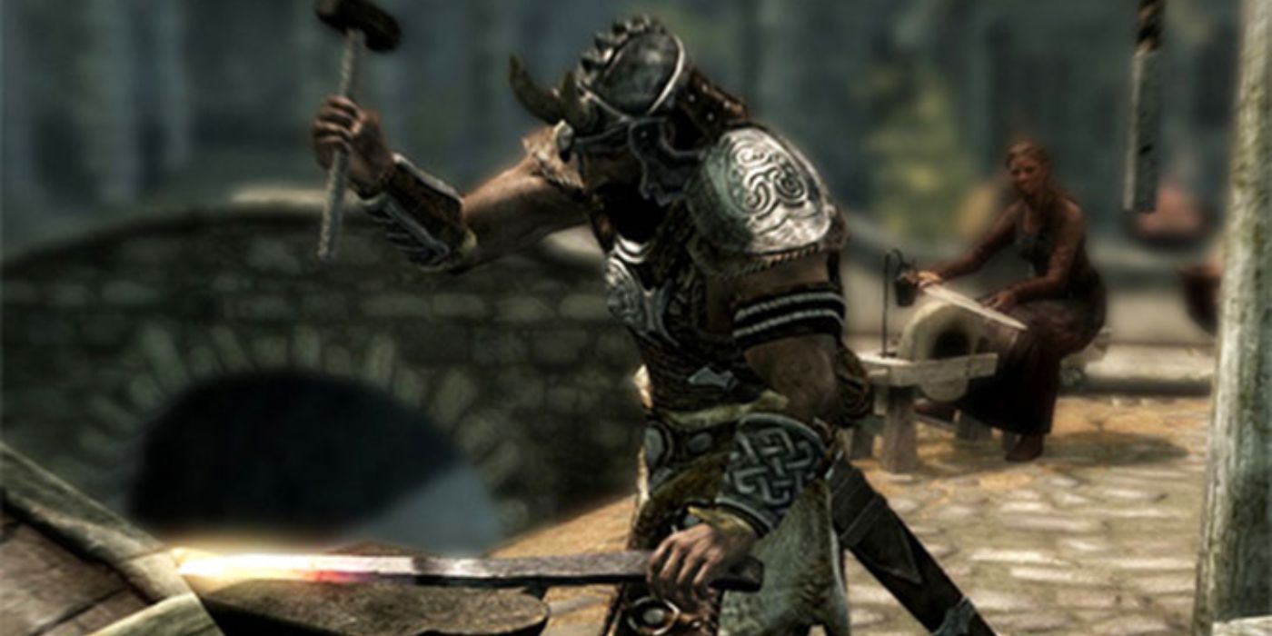 Skyrim Character using Smithing equipment