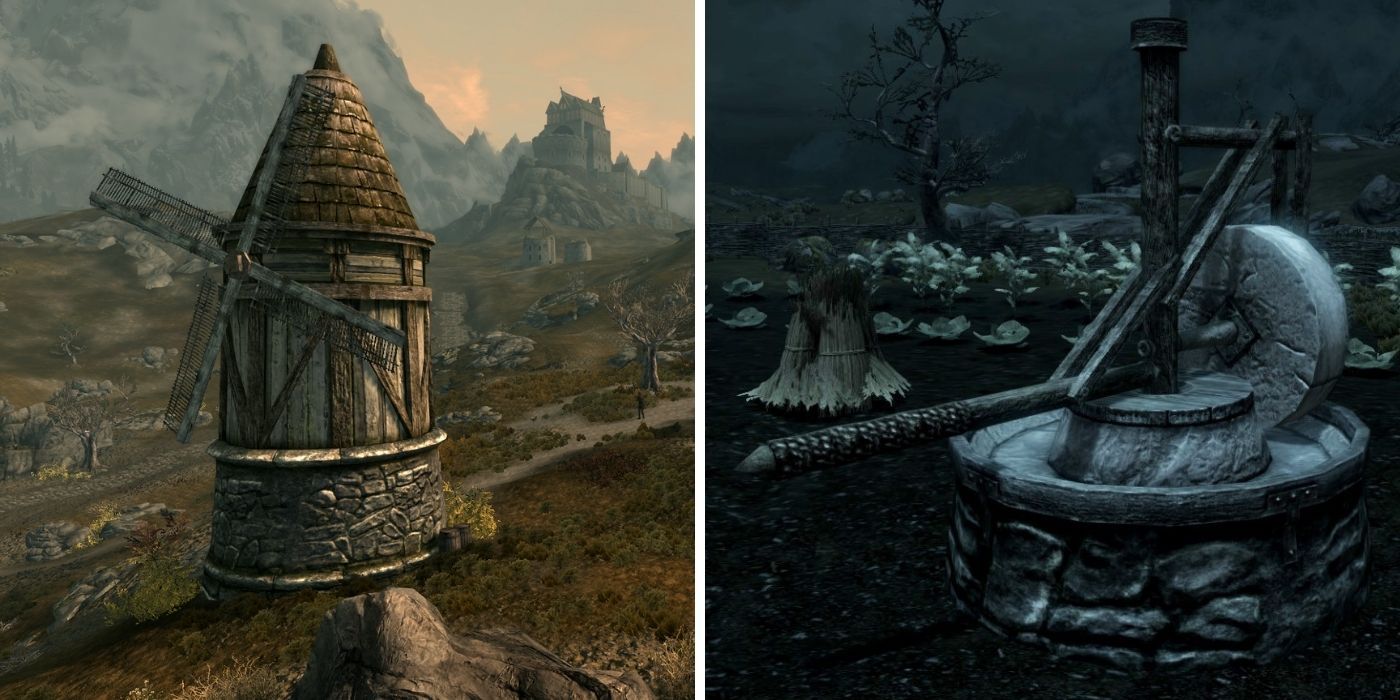 Skyrim - Split Image, Windmill for grinding flour on left, small grinder for flour in a farm plot on right