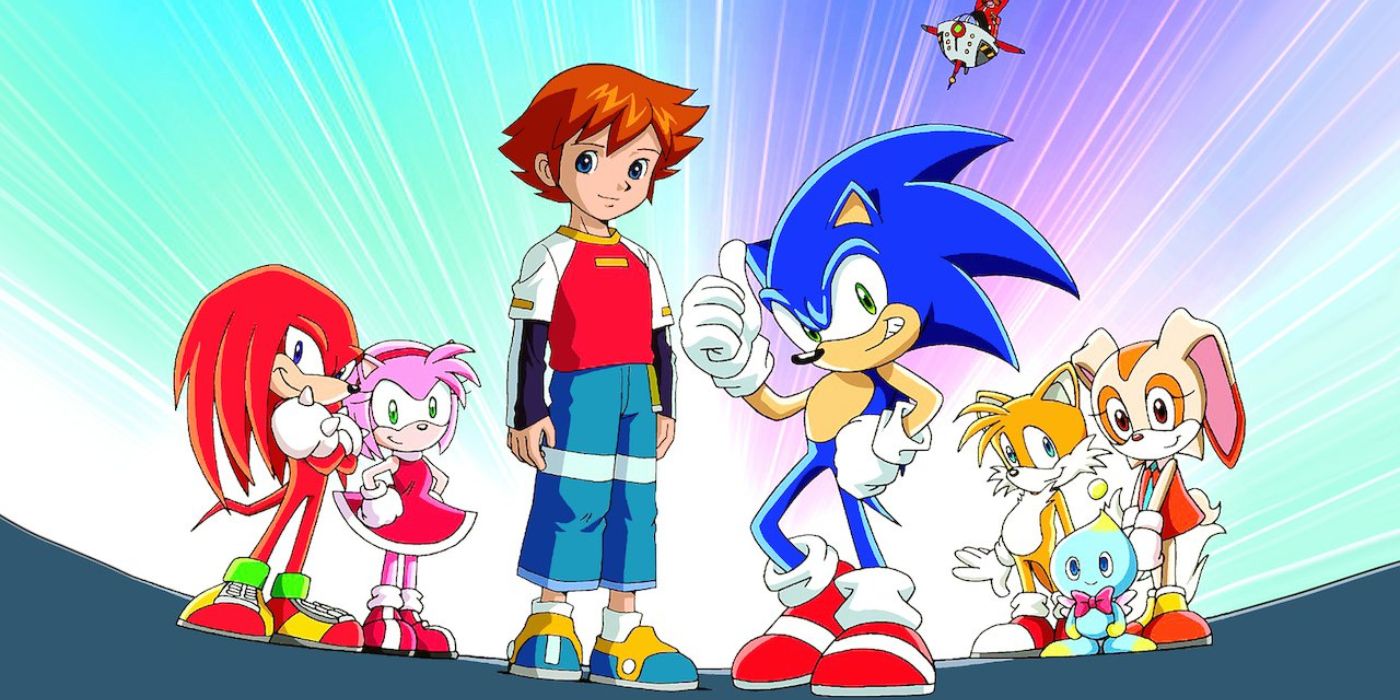 Sonic, in Sonic X, alongside Chris Thorndyke, Knuckles, Amy, Tails, Cream and a Chao.