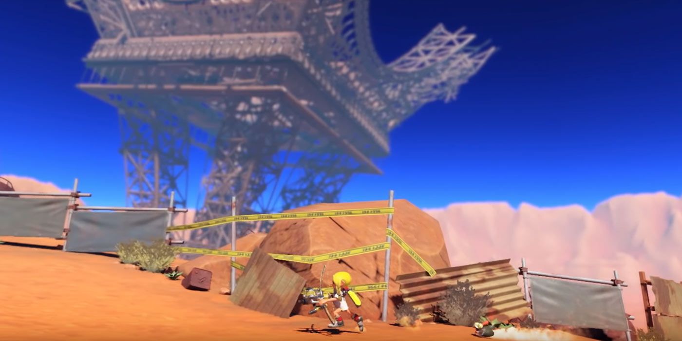 Splatoon 3 Desrt Setting Eiffel Tower Pictured Upside Down Inkling In Foreground