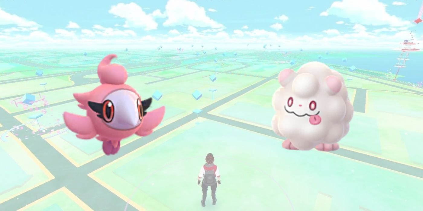 spritzee and swirlix in pokemon go with the map screen behind their sprites 